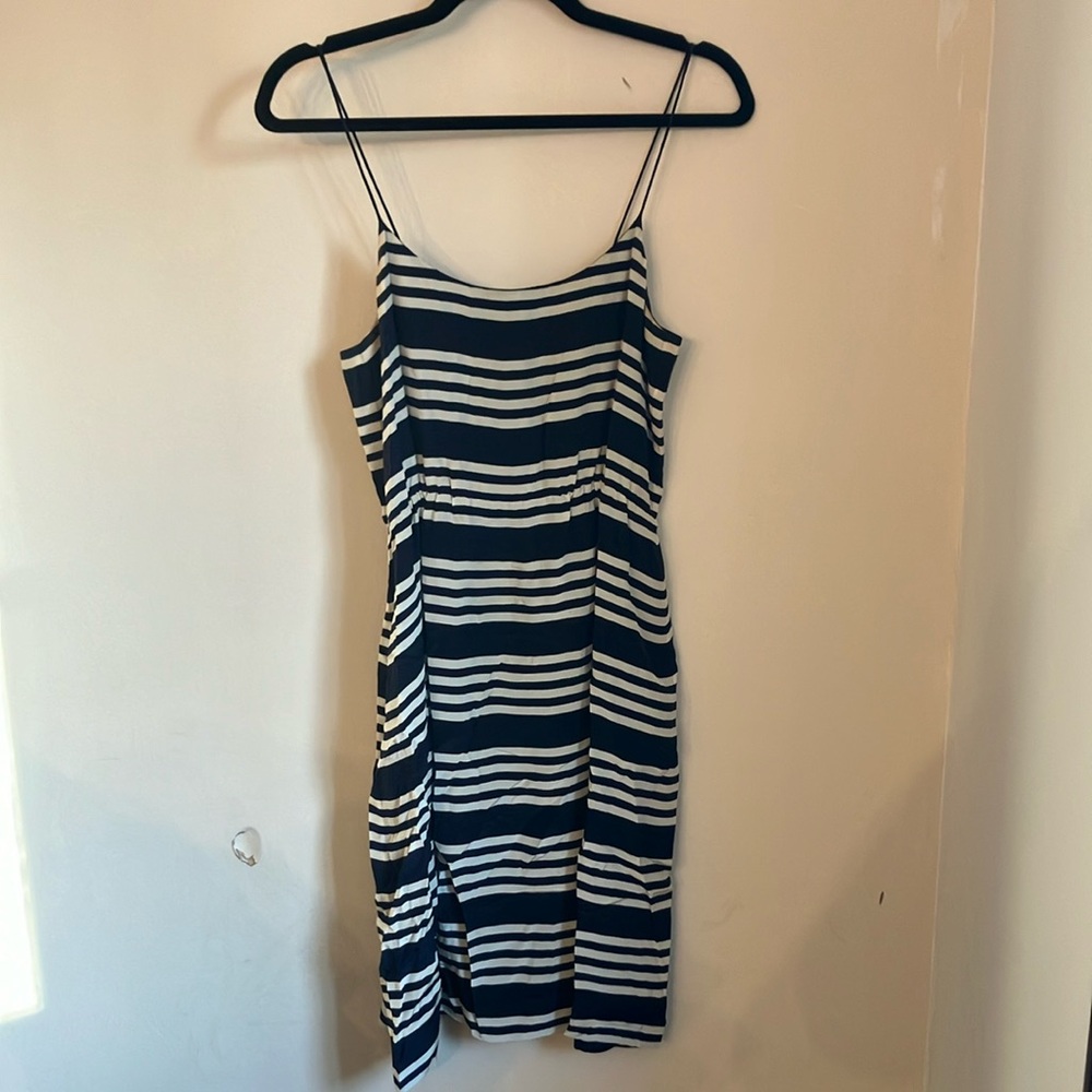 J. Crew Navy and White Sheath Midi Dress with Spaghetti Straps
